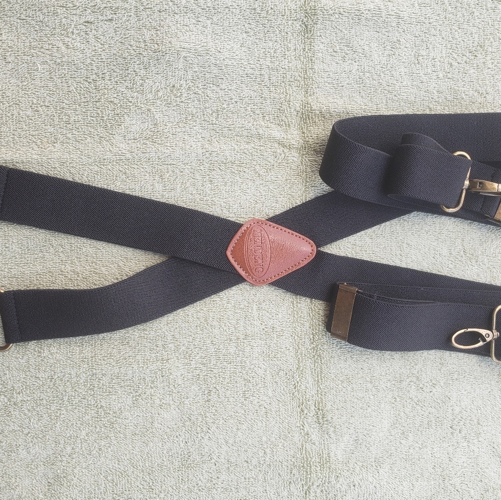 Black Leather Trim Suspenders. Brand Mandeng